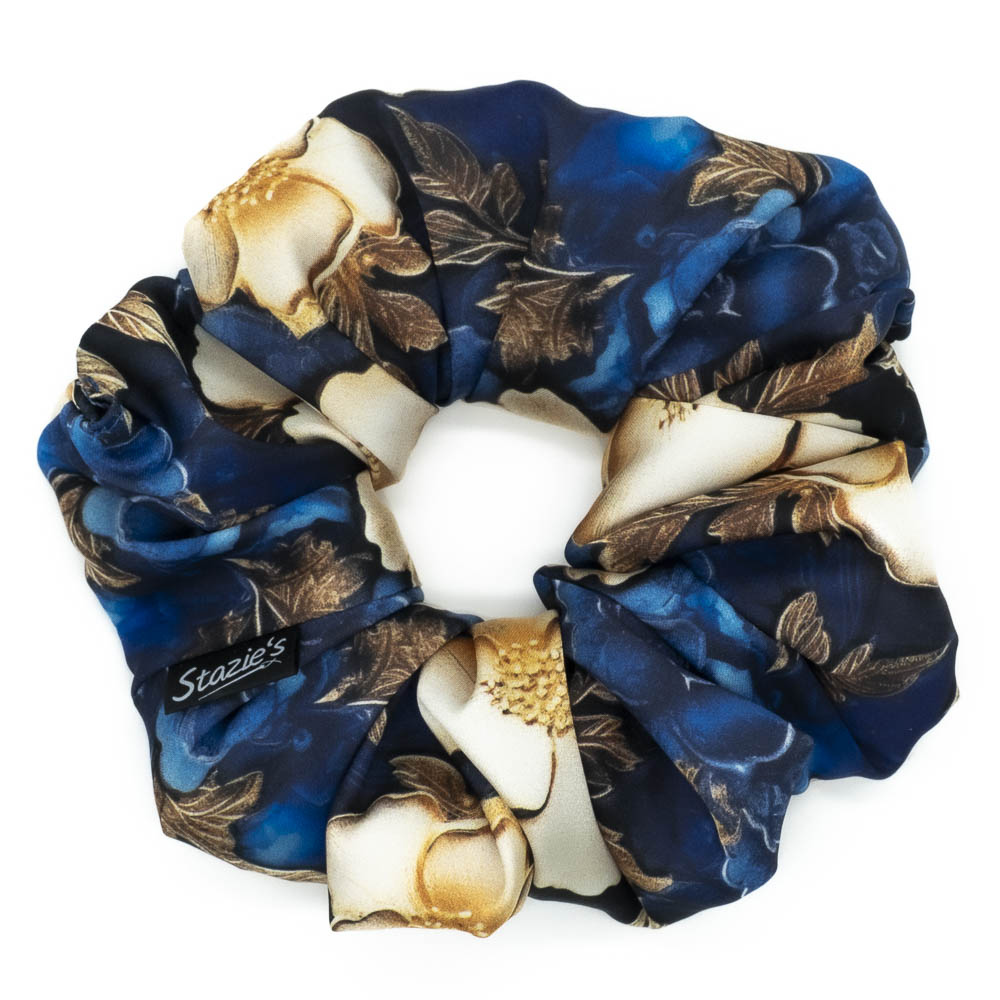 scrunchie gumička hedvábný satén safírové květy 0542